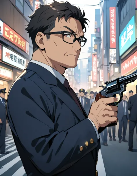 (masterpiece), (best quality), ((high res)), 1man, middle aged man, age 52, anime style, japanese policeman, suit and tie, polic...