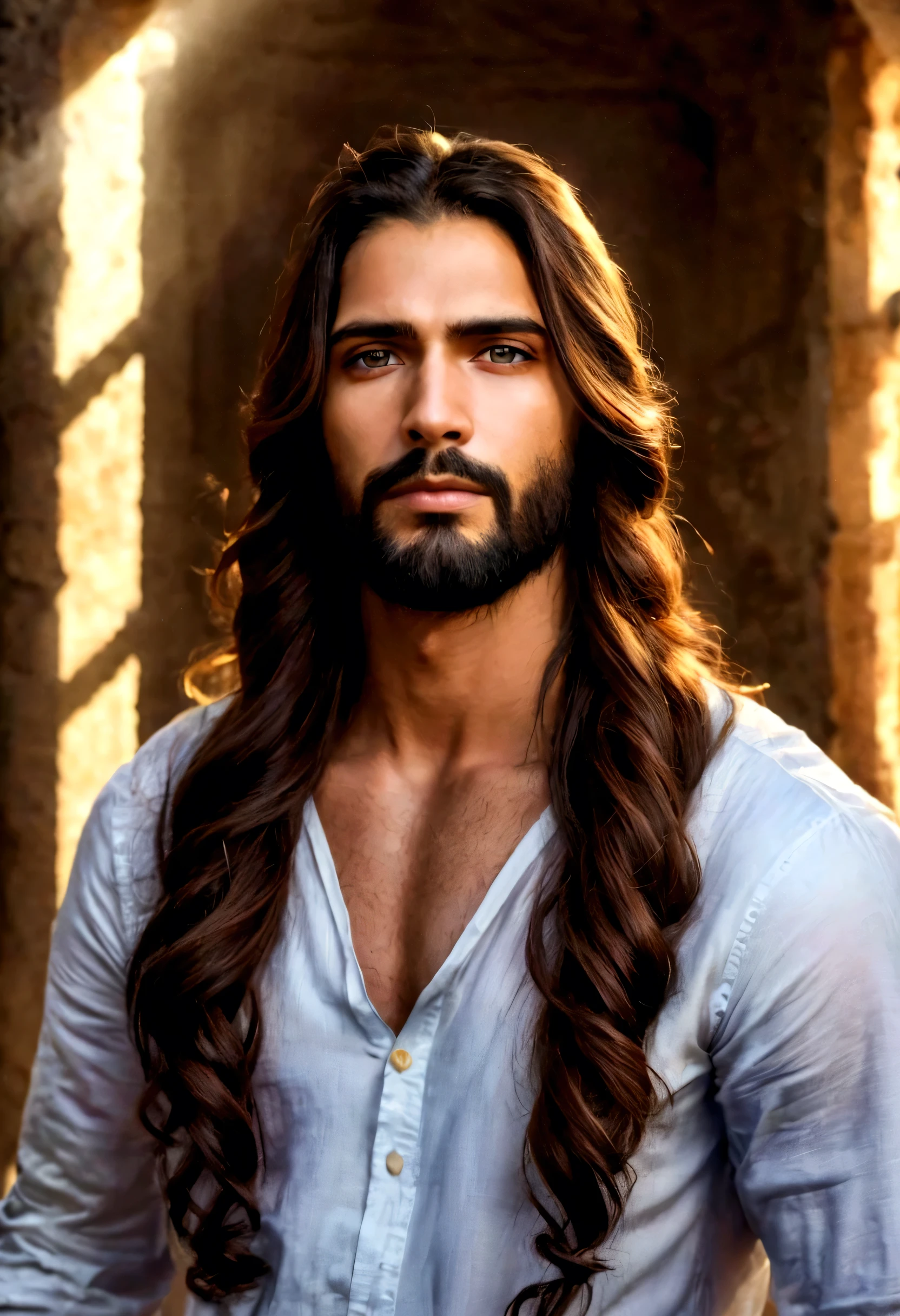 best quality,4k,8k,Altas,master part:1.2),ultra-detalhado,(Realistic,fotorrealista,photo-realistic:1.37),jesus cristo,estilo de arte tradicional,vivid and dynamic brushstrokes,Ancient playful setting ,Charismatic expression,postura humilde,historic portrait,Noble Features,estilo de pintura de tinta e lavagem,finely detailed facial features,dynamic compositing,Paradisiacal scenery,olhar confiante,,ambiente com Luz do sol dourada iluminando a cena,aura de angelical,atmosphric perspective,Explosive lighting, Jesus the man, racially ambiguous, loving, eyeliner, brown skin