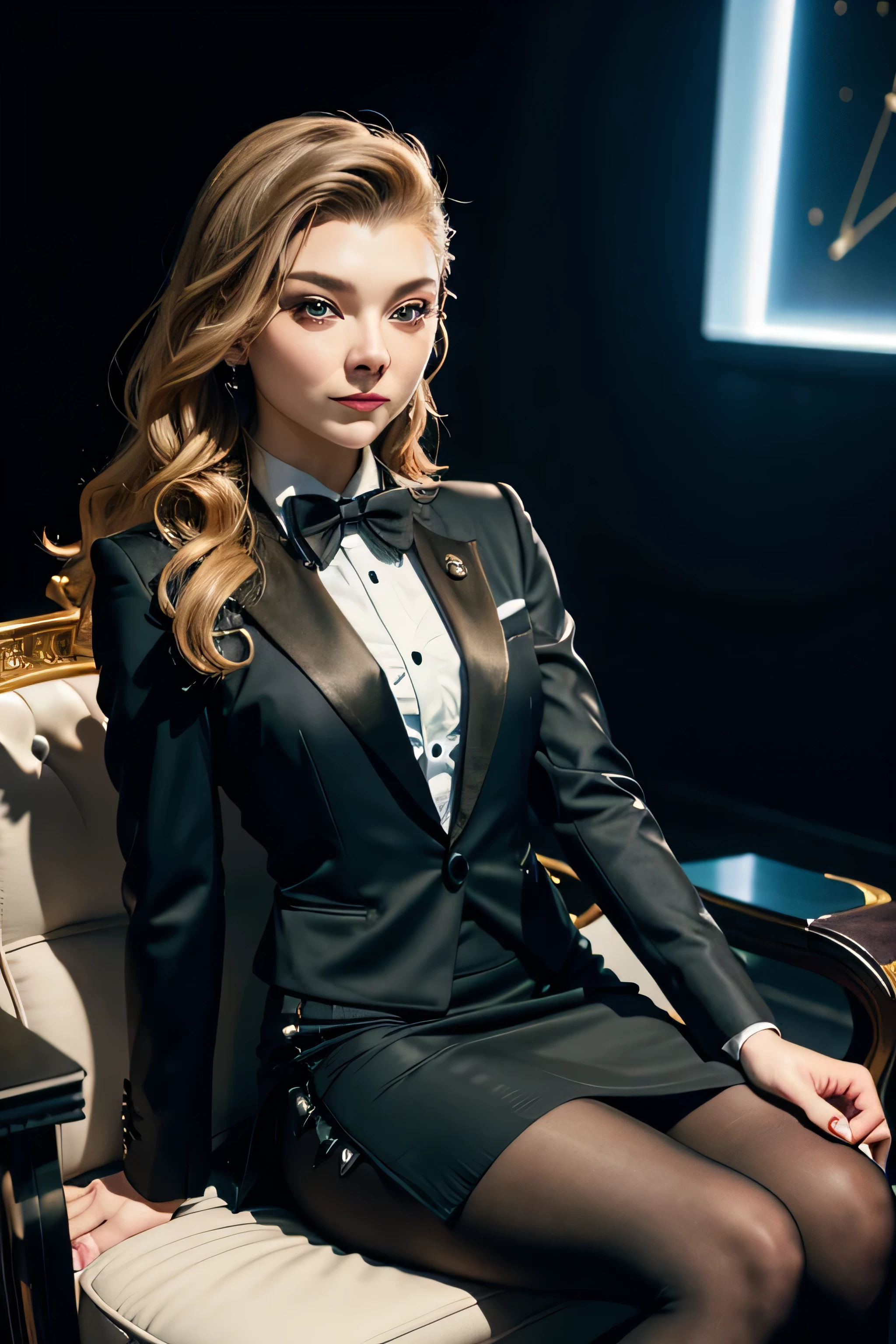 nataliedormer, beautiful detailed face, a woman sitting at a talk show, black satin skirt suit, tuxedo, (((three-piece suit))), (((dress shirt))), (((black bowtie))), blazer, (((dinner jacket))), black shiny lapel (((waistcoat))), double-breasted waistcoat, (((bodycon skirt))), above the knee skirt, pencil skirt, tights, pantyhose, pocket square, cufflinks, sultry, sexy, bedroom eyes, smirk, smile