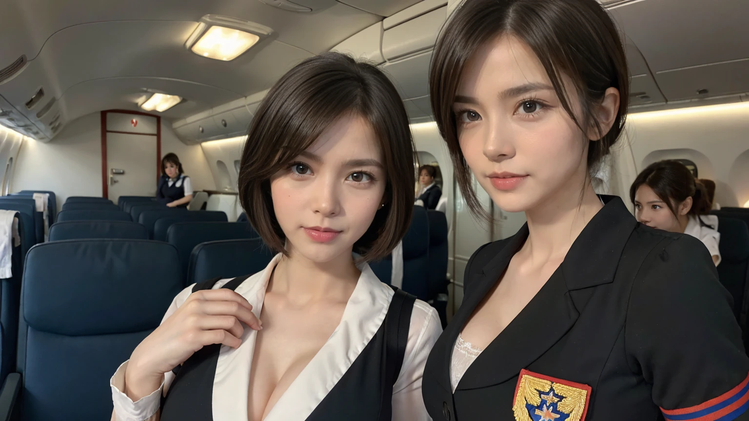((masterpiece, Highest quality)), Beautiful women from Cleavage :1.55, Cleavage:1.55,(brown〜Black Hair, Bob Hairstyle, Square face), (Big Breasts:1.5), (Natural Skin), foot, (Super short airline stewardess uniform:1.3), (Seductive look:1.2), Airplane cabin background, (超High resolution, 8k wallpaper, High resolution), Cinema Lighting, Physically Based Rendering, Award-winning, Highly detailed skin, Highly detailed face, High Detail Eyes, Carl Zeiss 85mm F/1.4, by Ellen von Unwerth