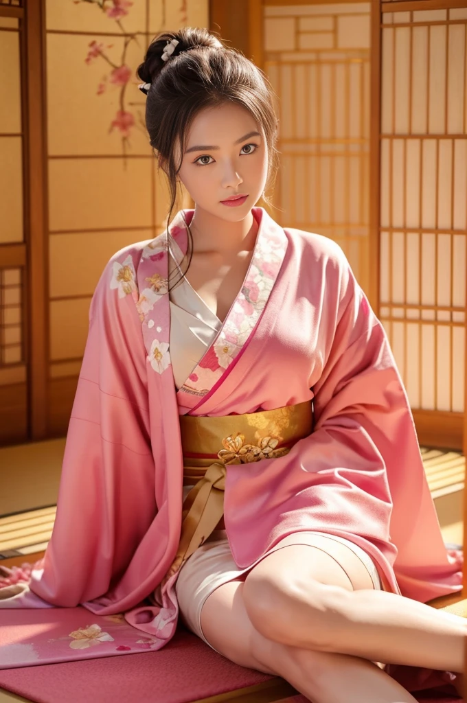 大きい胸、pink kimono、Cinematic atmosphere、Professional composition、Natural Body、fantasy,sitting in front of a golden screen、flower arrangement、tatami、looking at the camera、real