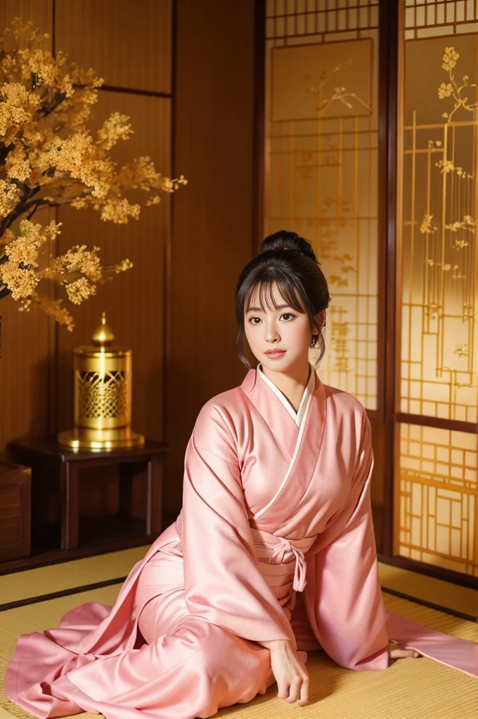 大きい胸、pink kimono、Cinematic atmosphere、Professional composition、Natural Body、fantasy,sitting in front of a golden screen、flower arrangement、tatami、looking at the camera、real