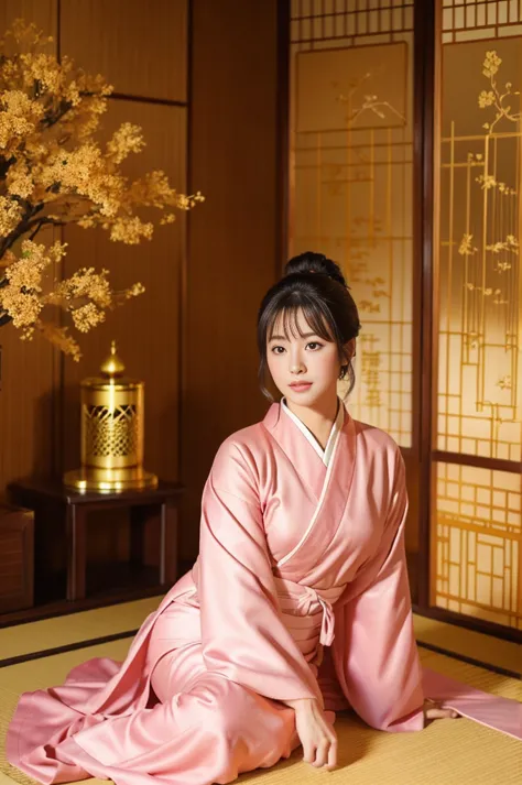 大きい胸、pink kimono、Cinematic atmosphere、Professional composition、Natural Body、fantasy,sitting in front of a golden screen、flower a...