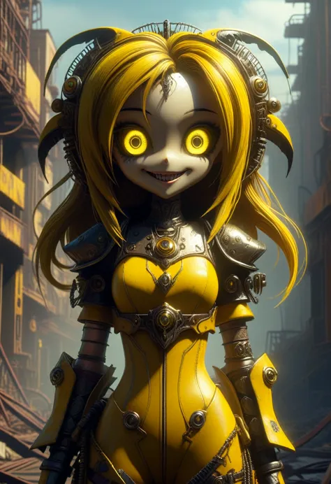 Tv on, sunshine yellow, grainy. creepypasta is a scary entity in the form of a woman with very big eyes and a scary smile...in t...