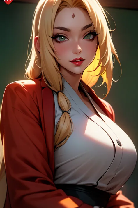 tsunade，is shy，one-girl，blond hairbl，long whitr hair，with brown eye，red lips，lipsticks，pub，ssmile，be red in the face，green coat，...