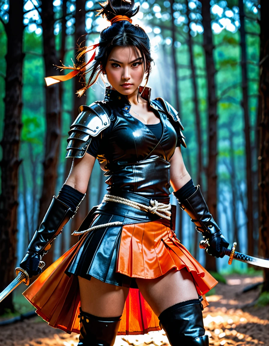 dramatic, gritty, intense, anime character, dynamic fighting pose, 1girl, solo, solo focus, (dark black hair, tied up hairstyle), (wearing black gloves), (wearing samurai armor, armored gauntlets, armored boots, thighhigh boots), (wearing a skirt, orange skirt. pleaded skirt), (black biker shorts), modern art, hair covering eyes, (clenched hand, clenched hands), forest, beautiful face, beautiful eyes, (brown eyes), vibrant colors, night, highest quality digital art, Stunning art, wallpaper 4k, 8k, k, HD, unparalleled masterpiece, best quality, full body, dynamic lighting, cinematic, epic, cowboy shot, full body with costume.