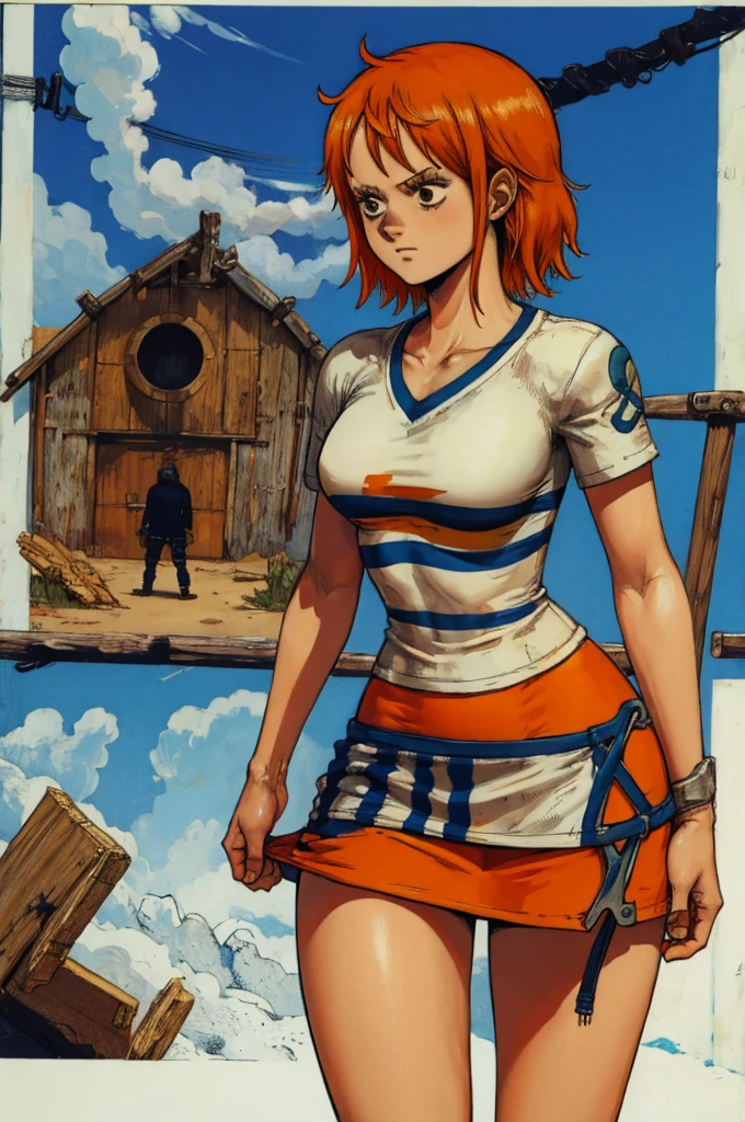 Estilo Dorohedoro, Nami de One Piece, pelo corto naranja, Camiseta blanca con rayas azules, falda corta naranja, cuerpo sexy y grueso