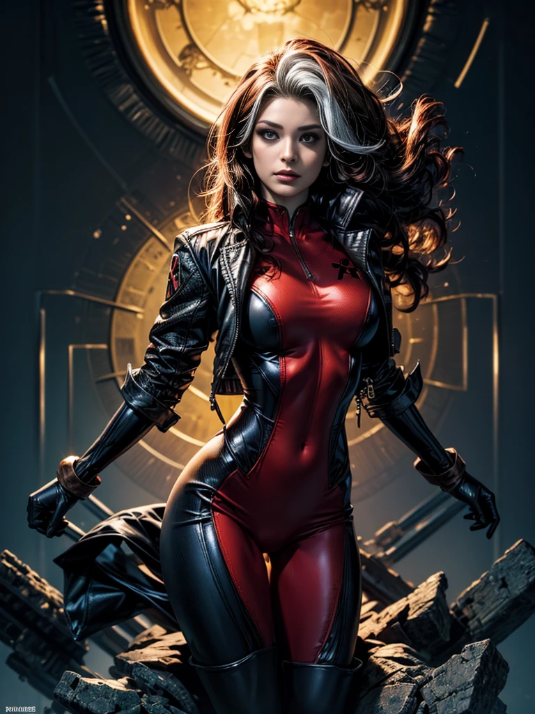 Lia Michele、obra de arte、4K de alta qualidade、vilão (X-Men)、garota gótica、Maquiagem gótica corporal esculpida、Jaqueta preta、bodysuit vermelho e azul、obra de arte、mais alta qualidade、Tiros de vaqueiro、uma pessoaの女の子、uma pessoa、Body Militar de Tecnologia、franja