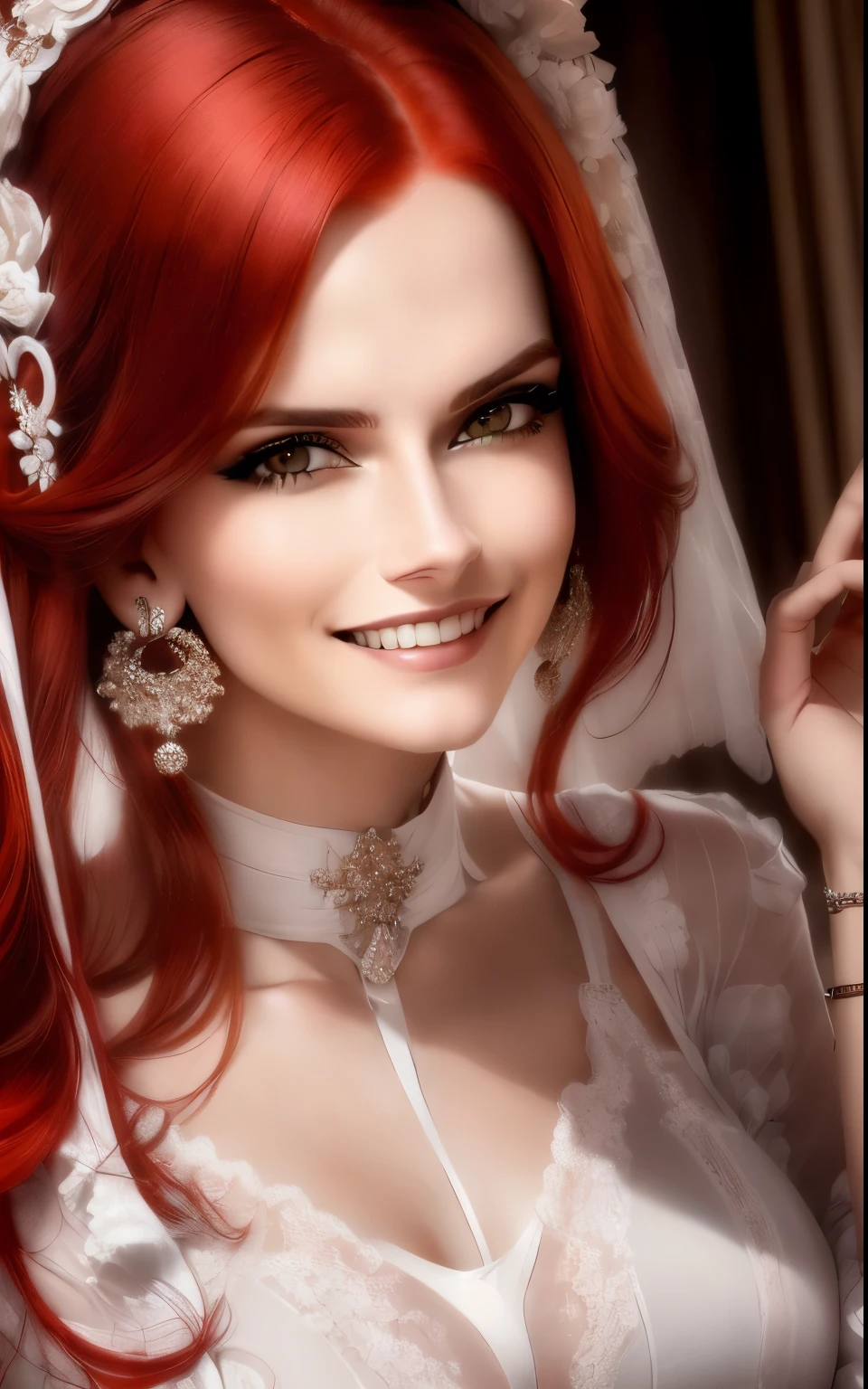 woman with red hair and sunglasses holding a  and smiling, a very macular woman in white, she has a distant expression, maia sandu hyperrealistic, but a stern look about her, not smiling, carola rubio, proud serious expression, looking serious, laura sava, serious face, concerned expression, serious expression, sanja stikovic, intense expression