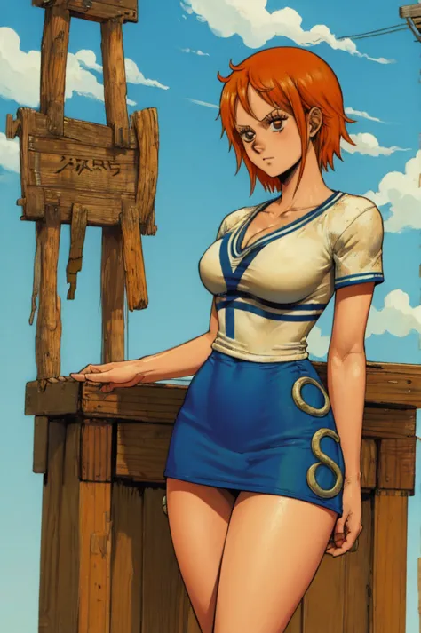 Dorohedoro Style, Nami from One Piece, short orange hair, white T-shirt with blue stripes, orange short skirt, sexy thick body, ...