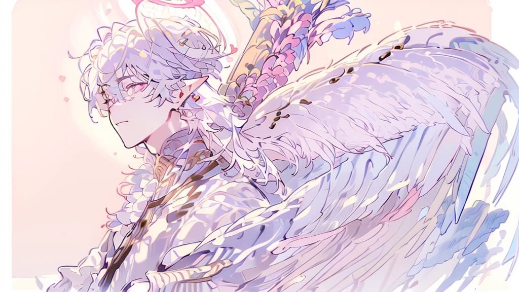 ((male focus)), ((reference sheet)), ((magnificent quality)), ((long white hair)), ((halo)), ((four angel wings)), ((pink eyes)), angel, angel boy, fancy clothes, regal clothes, ((wings for ears)), heart motif, pink gun with hearts on it, cupid, handsome male