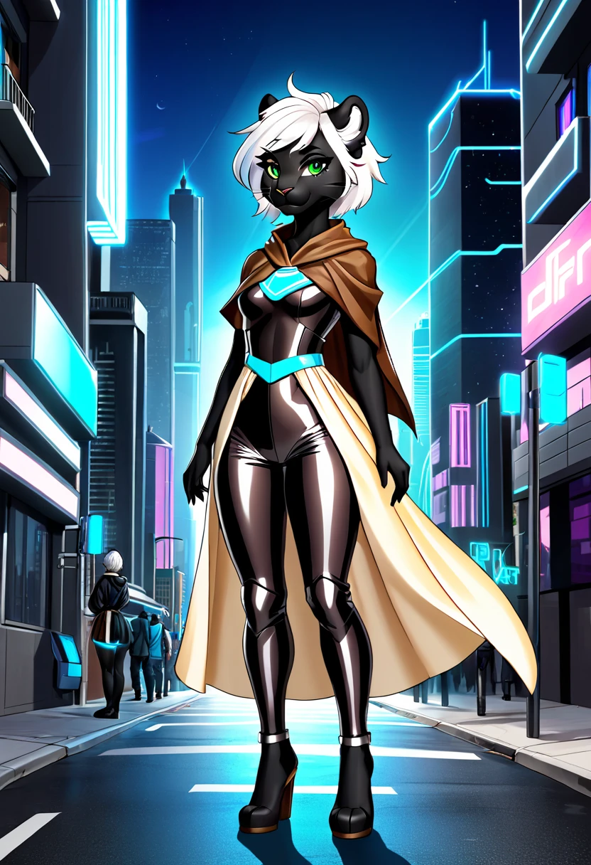 2d art style, 26 year old anthropomorphic panther, female with very feminine features, She has short spiky white hair., she has black fur, she has green eyes, She is wearing a futuristic blue robe., She is wearing a brown poncho, She is wearing cream colored cloth pants., She is standing on a street and with a city in the background, full body image of the character.
