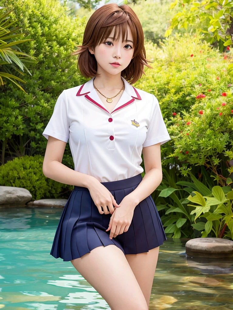 1girl, sailor uniform, short-sleeved shirt, blouse, skeleton uniform, Korean cosmetics, bra, embarrassed face, shy face, red tie ribbon, boyish face, touching face with hands, very short hair, socks, necklace, piercing, belly button exposed, beautiful legs, knee-high boots, dark skin, gyaru, high quality, best quality, 4k, 8k, highres, masterpiece:1.2, ultra-detailed, realistic, photorealistic:1.37, HDR, UHD, studio lighting, ultra-fine painting, sharp focus, physically-based rendering, extreme detail description, professional, vivid colors, bokeh