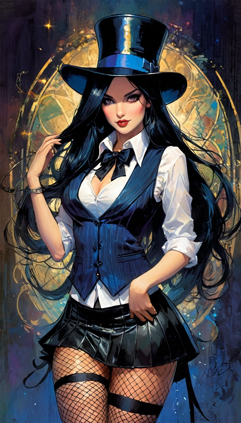 Magician girl, wearing magician hat, long black hair, elegant and sexy, vest, miniskirt, fishnet stockings, magic, fantastic, background, dark tones, art inspired by Bill Sienkiewicz
