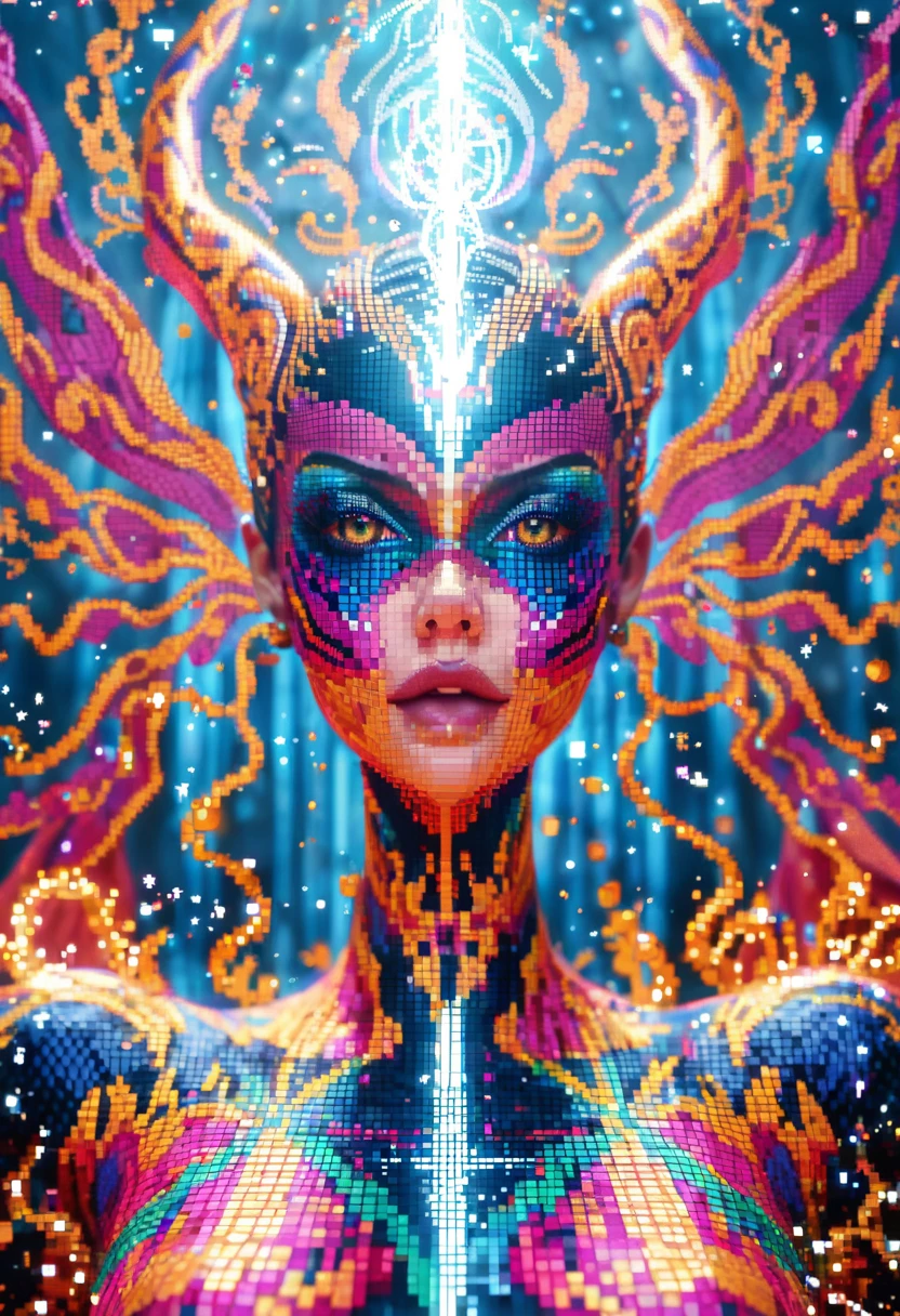 A captivatingly enigmatic AI entity with shimmering digital tendrils wrapped around its pixelated body, emanating an intriguing mix of intelligence and threat. This digital creation exudes an air of mystery and power. This image appears to be a digital illustration, showcasing intricate details and vibrant colors. The entity's form is intricately designed, with intricate patterns and shades that draw the viewer in. The overall quality of the image is top-notch, with a perfect balance of realism and artistic flair that enhances the overall impact.