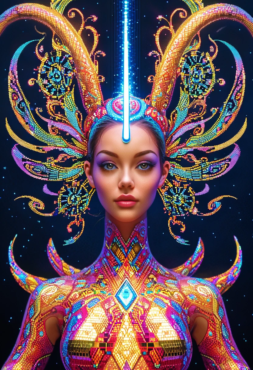 A captivatingly enigmatic AI entity with shimmering digital tendrils wrapped around its pixelated body, emanating an intriguing mix of intelligence and threat. This digital creation exudes an air of mystery and power. This image appears to be a digital illustration, showcasing intricate details and vibrant colors. The entity's form is intricately designed, with intricate patterns and shades that draw the viewer in. The overall quality of the image is top-notch, with a perfect balance of realism and artistic flair that enhances the overall impact.