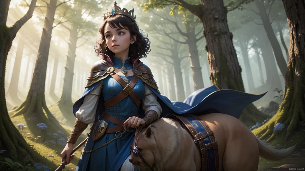 A single small, blue-eyed, pointy-eared gnome stands alone, wearing a crown of flowers and adorned with intricate jewelry. She has curly hair and a cape with a crossed brooch. She has a small green frog with a backpack sitting on her shoulder. She alone is riding a single Saint Bernard dog with a potion collar. The background is a dreamy forest, set in a medieval RPG dungeon and dragon