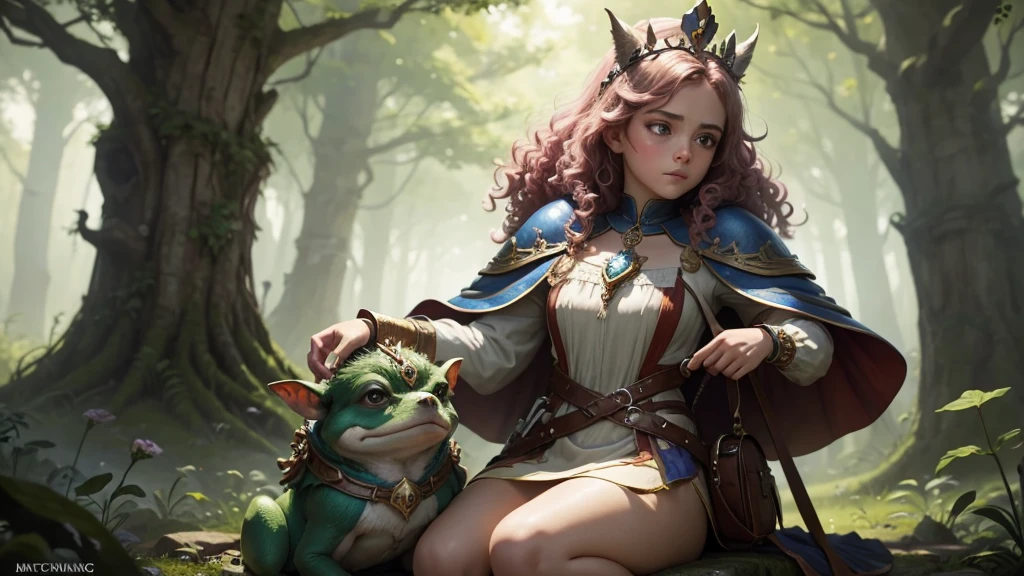 A single small, blue-eyed, pointy-eared gnome stands alone, wearing a crown of flowers and adorned with intricate jewelry. She has curly hair and a cape with a crossed brooch. She has a small green frog with a backpack sitting on her shoulder. She alone is riding a single Saint Bernard dog with a potion collar. The background is a dreamy forest, set in a medieval RPG dungeon and dragon