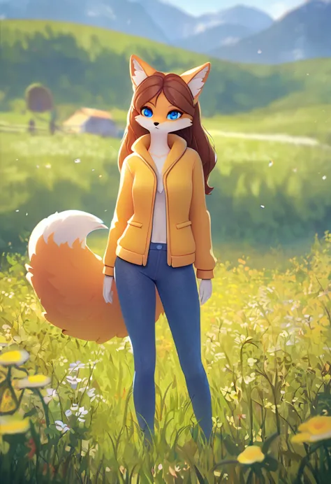 Ultra-high quality,4k,8k, Anthropomorphic fox, female, furry and fluffy with high details, long brown hair, have a blue eyes and...