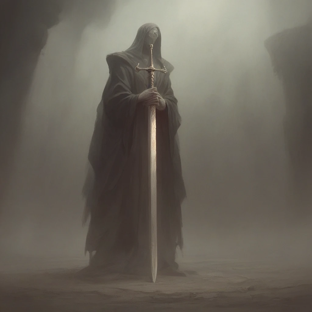 Has a huge sword,Black Robe, Decayed ornaments,Gives a sense of fear to those who see it, In charge of divine punishment, Strong feeling,  The All-King, I am aware of this, pale colour, Highest quality, Horror, Corpses all around,Dark Light