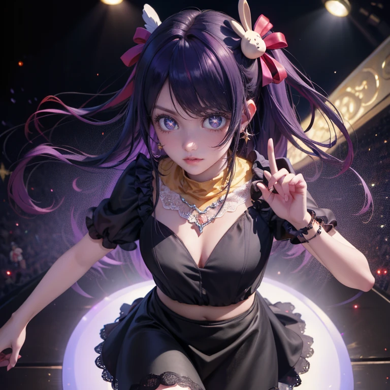 1girl, Ai Hoshino_(Oshi no Ko), centered girl, perfectly body, perfectly hands, solo, jewelry, magenta roses, rabbit jewel on her hair, ornament hair, twintails, rabbit jewel on her hair, purple hair, long hair, long flowing hair, floating hair, ornament hair, perfectly body, perfectly hands, rose on hair, magenta rose on hair, Looking at the audience, flowing hair, Beautiful Eyes, Plump and glossy lips, Idol, black dress with too many frills, black dress, magenta laces, black Short skirt, small skirt, black skirt with layers, Drape clothes, magenta gem, Lace trim, bright stage, luxury gold details, gold jewelry, more details, best quality, Big sparkling eyes, blushing, black Striped Lace Stockings, black Lolita skirt, sparkle, solo, centered girl, cowboy shot, perfectly body, perfectly hands, two arms, two legs, two hands, five fingers, perfect anatomy, glowing hair, magenta roses, on the stage, sparkles, more details on her clothes, black dress with transparency, golden details on her dress, night, holding a microphone, ((4k, masterpiece, top-quality)), 8k, best quality, high resolution, UHD, (illustration:0.8), super cute girl, delicate and beautiful face, mature girl, super cute hairstyle, (beautiful detailed eyes:1.6), extremely detailed face, perfect lighting, extremely detailed CG, (perfect hands, perfect anatomy), Best quality, cleavage