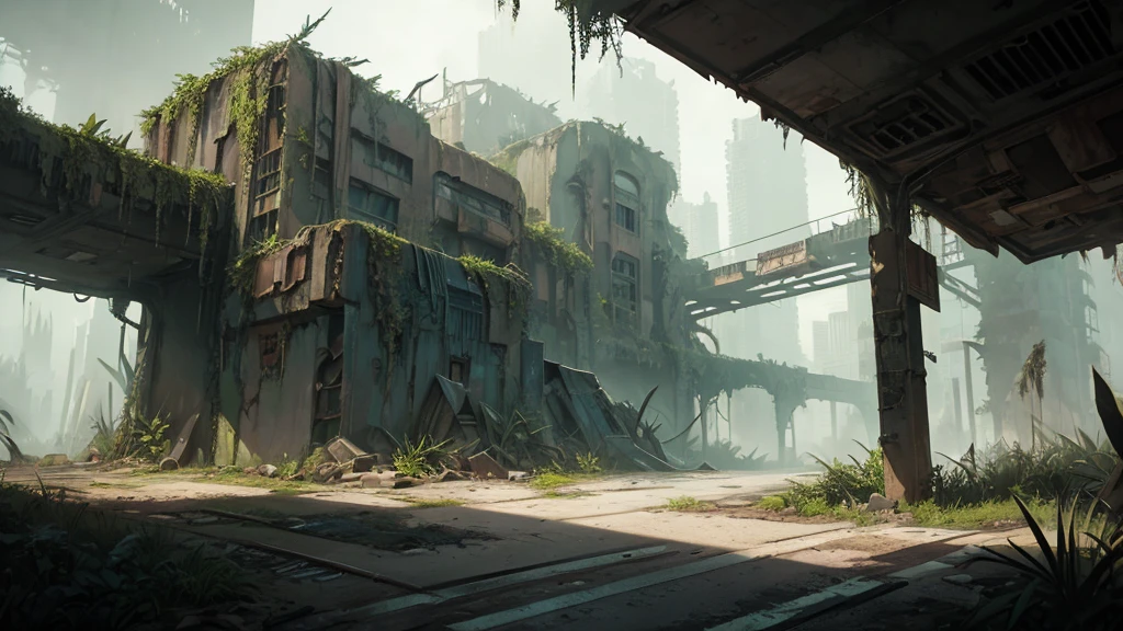 a futuristic abandoned city entrance, close-up view, detailed architecture, overgrown vegetation, grungy, moody lighting, cinematic composition, dystopian atmosphere, muted color palette, depth of field, dramatic shadows, crumbling buildings, rusted metal, eerie ambiance, post-apocalyptic, detailed foliage, decaying infrastructure, moody, high contrast, intricate details