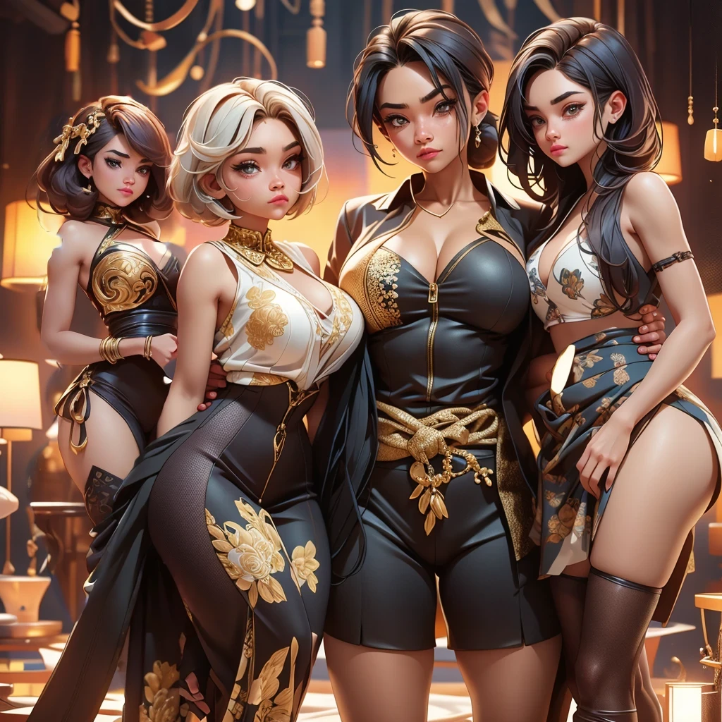 (Best Quality, 2k, Masterpiece, QHD: 1.3, A Handsome short haired african barbarian   man is surrounded by three women up against him touching him and gaze at him, at a mansion, wearing Tracksuits that show off body, perfect bodies, women: long flowing hair, seductive, materials, golden hour, , jewelry, golden hour, photorealistic, masterpiece, in love, small grin, perfect faces, Flirtatious-groping 