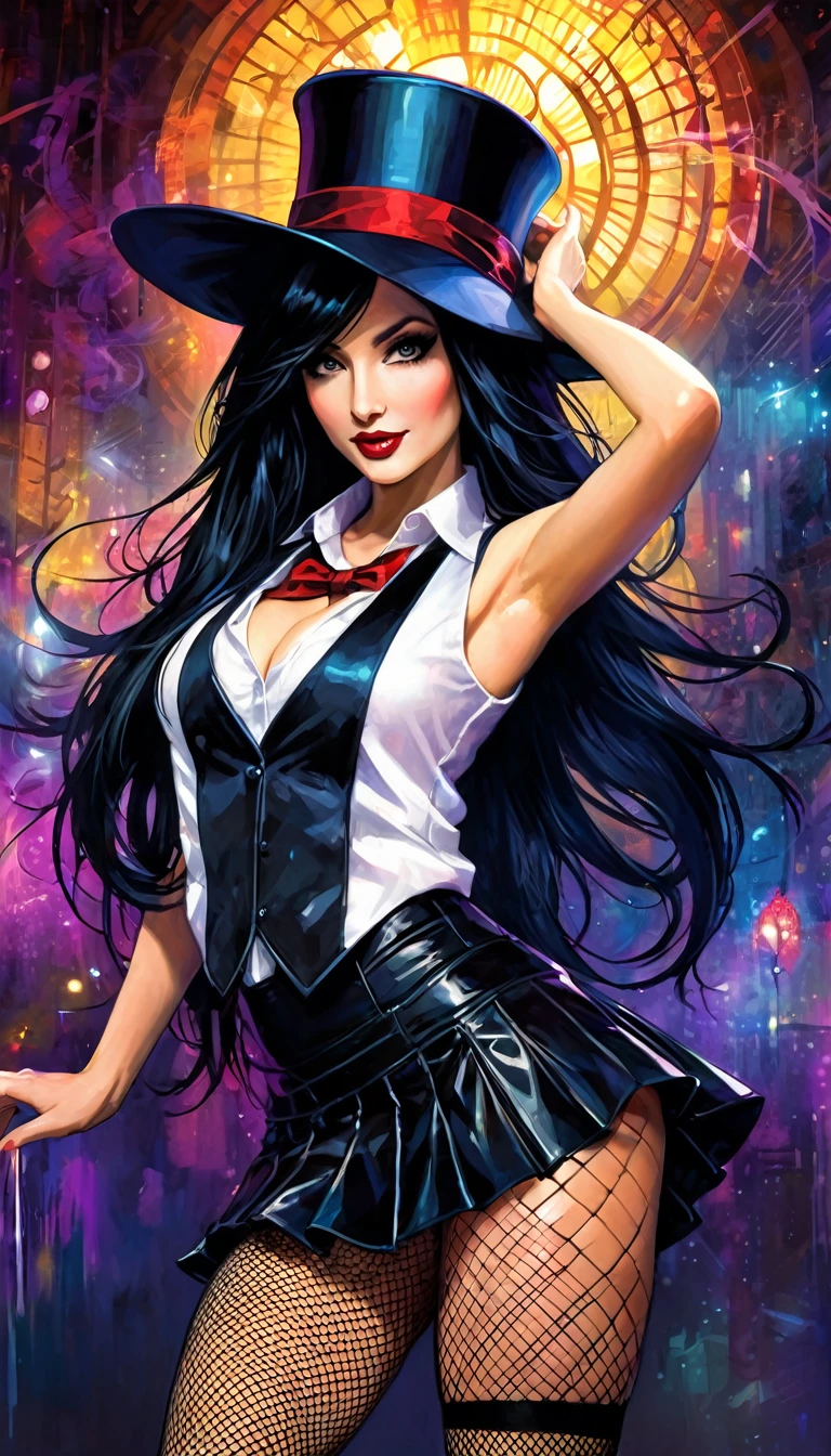 a magician girl with long black hair, wearing a magician hat, elegant and sexy outfit with a vest, miniskirt and fishnet stockings, performing magic, dark and fantastic background, inspired by the art of Bill Sienkiewicz, high quality, ultra-detailed, photorealistic, vivid colors, professional
