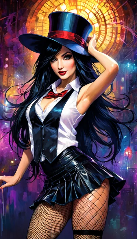 a magician girl with long black hair, wearing a magician hat, elegant and sexy outfit with a vest, miniskirt and fishnet stockin...