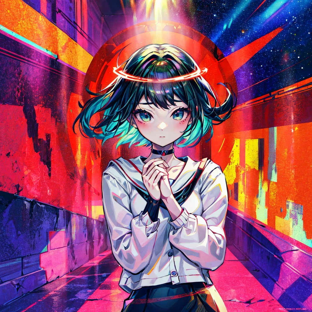 This is a high definition anime portrait (8k) featuring a girl with green eyes that stand out with prominent curves and a choker, looking directly at the camera. Her hair is a vibrant mix of red on the outside and violet on the inside., with patterns and a stellar glow that suggests a space and starry background. The image has a detailed art style, with influences from artists such as Ilya Kuvshinov and Krenz Cushart, and is characterized by its colorful and cheerful expression.