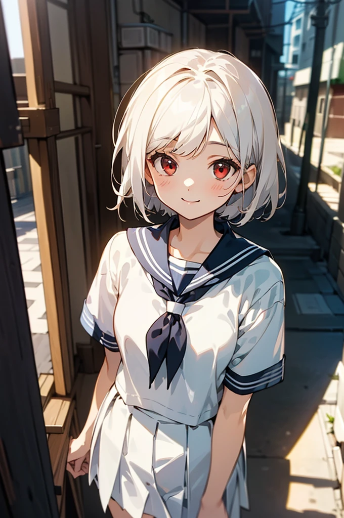 ((masterpiece,Highest quality, High resolution)), One girl, alone, Red eyes, Short white hair, smile, Sailor suit, Short sleeve, White pleated skirt, (Cute illustrations:1.2), (alley), Dramatic Light, afternoon, Bokeh effect