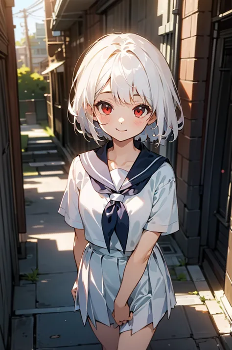 ((masterpiece,Highest quality, High resolution)), One girl, alone, Red eyes, Short white hair, smile, Sailor suit, Short sleeve,...