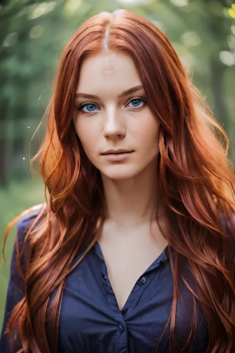 (best qualityer, ultra detali, realisitic:1.37), 23 year old Swedish woman, red dyed hair, medium length extremely wavy layered ...