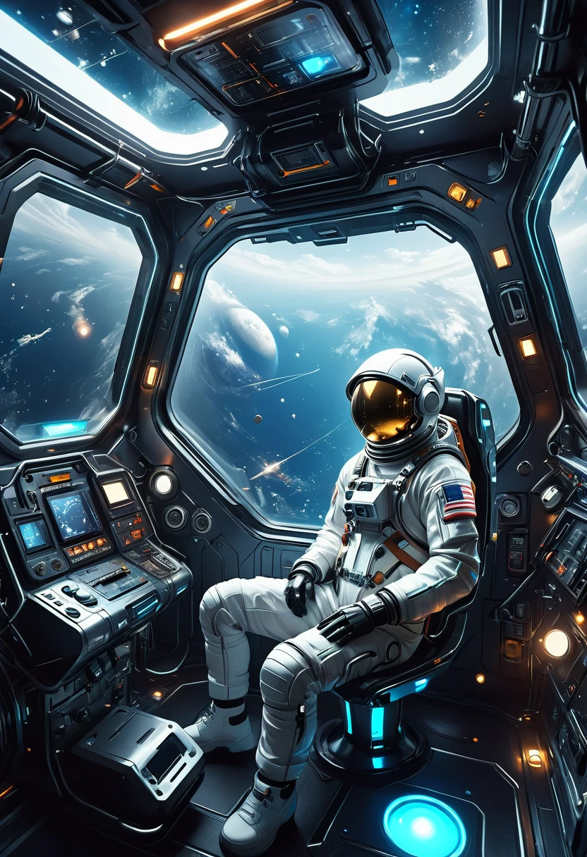 a futuristic astronaut in a space capsule, Control panel, high-tech interior, metal and glass materials, atmospheric lighting, dramatic cinematic composition, intricate details, photorealistic, concept art style，（float。Suspension。weightlessness。）