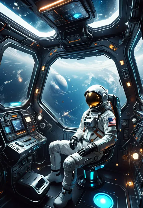 a futuristic astronaut in a space capsule, control panel, high-tech interior, metal and glass materials, atmospheric lighting, d...