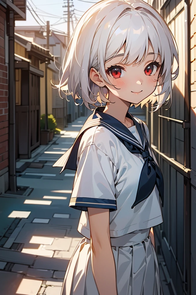 ((masterpiece,Highest quality, High resolution)), One girl, alone, Red eyes, Short white hair, smile, Sailor suit, Short sleeve, White pleated skirt, (Cute illustrations:1.2), (alley), Dramatic Light, afternoon, Bokeh effect