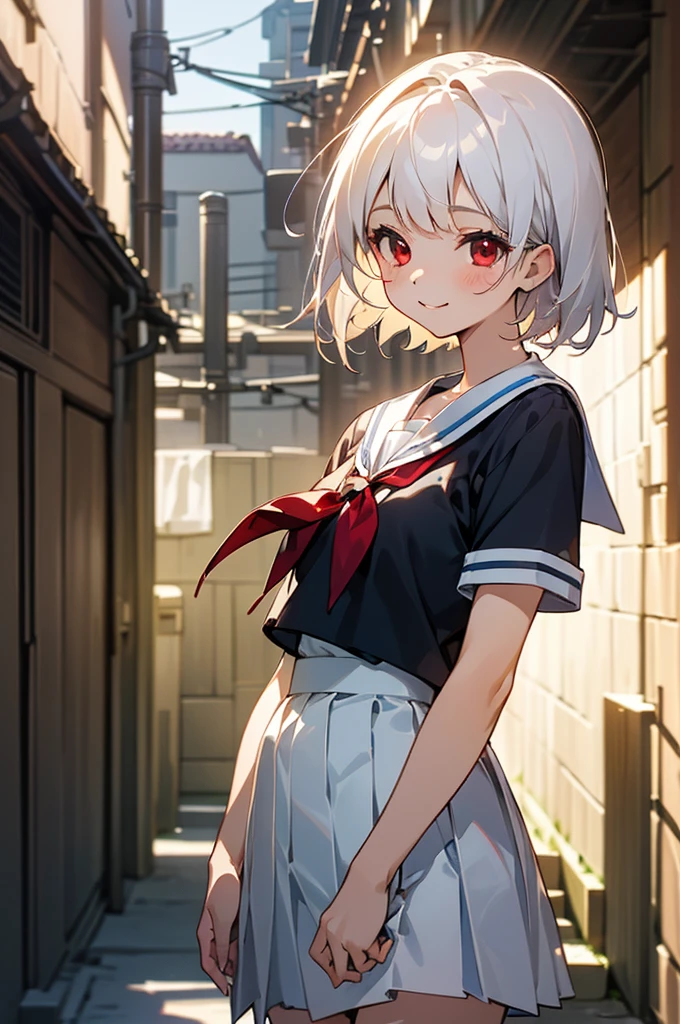 ((masterpiece,Highest quality, High resolution)), One girl, alone, Red eyes, Short white hair, smile, Sailor suit, Short sleeve, White pleated skirt, (Cute illustrations:1.2), (alley), Dramatic Light, afternoon, Bokeh effect