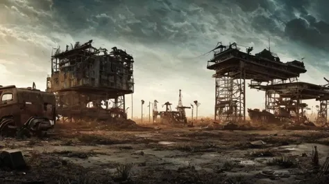 a desolate abandoned cosmodrome, crumbling concrete structures, rusted metal, overgrown vegetation, atmospheric lighting, moody ...