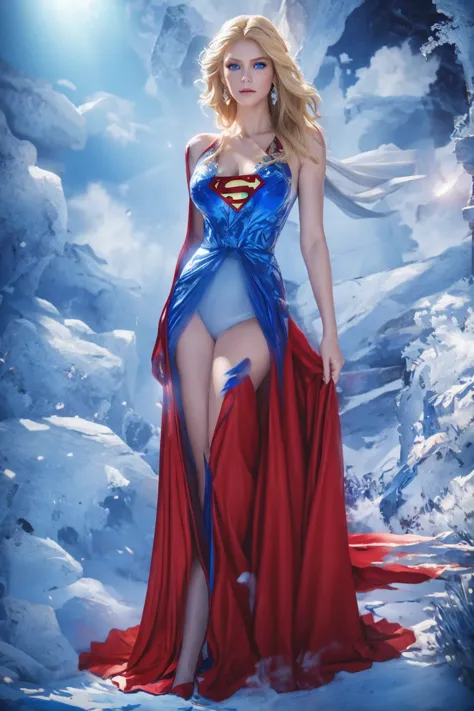 The character Supergirl dressed as a bride, perfect costume in the red and blue colors, extremely beautiful blue eyes, gorgeous ...