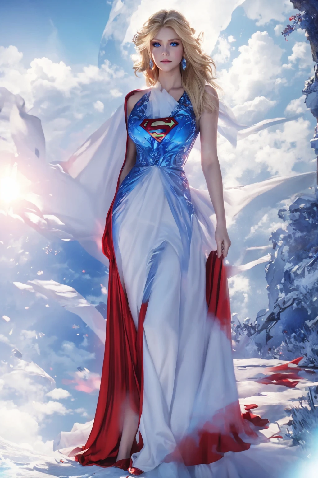 角色女超人打扮成新娘, 紅色和藍色的完美服裝, 非常美丽的蓝眼睛, 華麗的金髮 