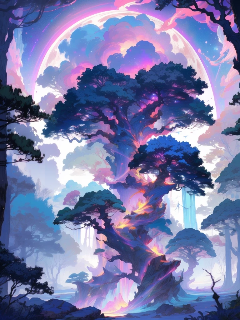 high quality, 8K Ultra HD, In "Celestial Dreamscape," the canvas bursts with ethereal colors that seem to defy the laws of nature, The sky is a mesmerizing blend of deep indigo and shimmering hues of violet, as though it holds secrets from distant galaxies, A cascade of celestial bodies, including otherworldly planets and iridescent moons, orbits in a cosmic dance, casting a soft glow upon the dreamlike landscape, The foreground reveals an enchanted forest, where trees are adorned with phosphorescent leaves that emit a gentle, soothing light. The trunks of these mystical trees twist and intertwine, creating archways that beckon viewers to explore the hidden realms beyond, Small, luminescent creatures flit between the branches, leaving trails of stardust in their wake, by yukisakura, high detailed,