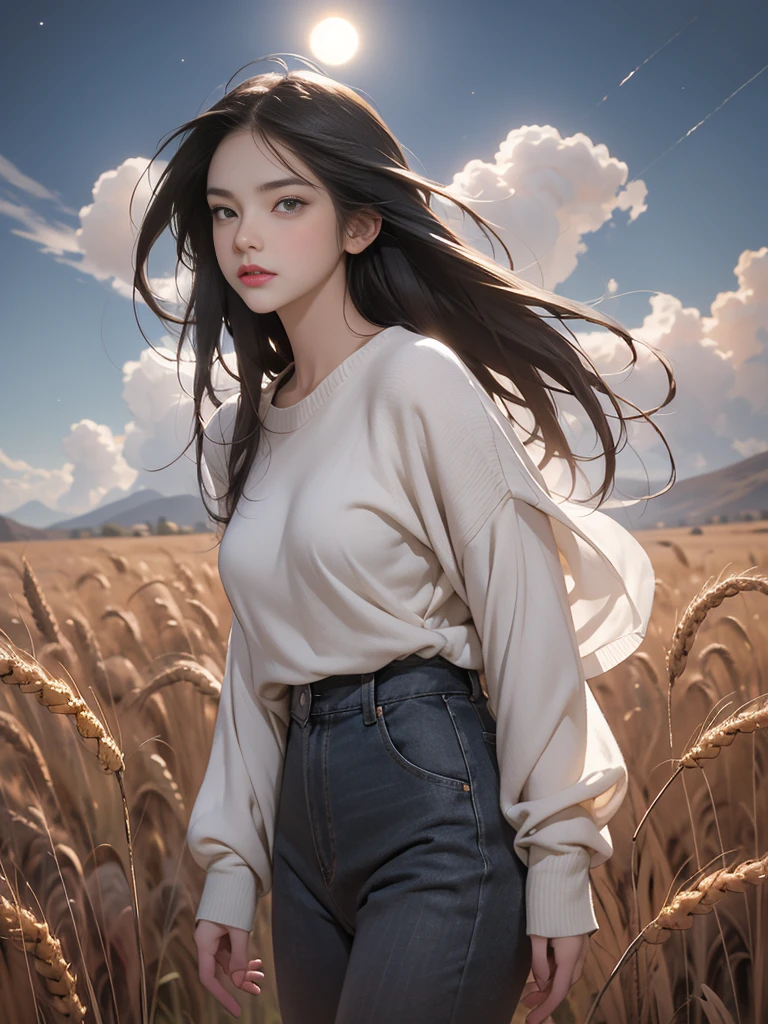 a beautiful woman，23 years old，A man standing in a vast wheat field，Tachibana crimson long-haired，Hair is messy and floating，Green eyes，Full body female love，（大Red loose sweater），Loose slacks，Sweater flutters，Edge light，（Fainting with long hair：1.5），best quality，tmasterpiece，Ultra-high resolution），（realisticlying：1.4），Slim，（shiny skin），（The woman's face looks up at the sky），Top fashion，（（Red loose sweater）），Autumn weather，Light Solution，（beautifulface：1.1），delicate eyes，lusciouslips，Depth of Field、Bokeh，author（James S. c. Christensen：1.2|Jeremy Lipkin：1.1），octane，sky sky，Star（sky sky），Starry Sky，night，Night Sky，solo，Exterior，​​clouds，galactic