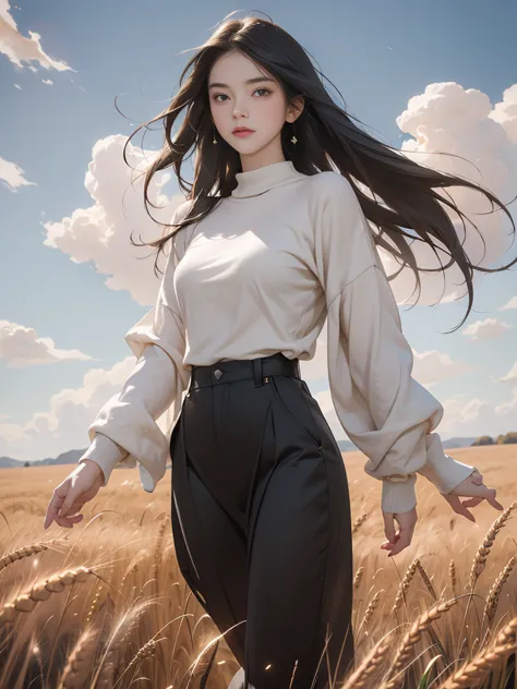 a beautiful woman，23 years old，A man standing in a vast wheat field，Tachibana crimson long-haired，Hair is messy and floating，Gre...