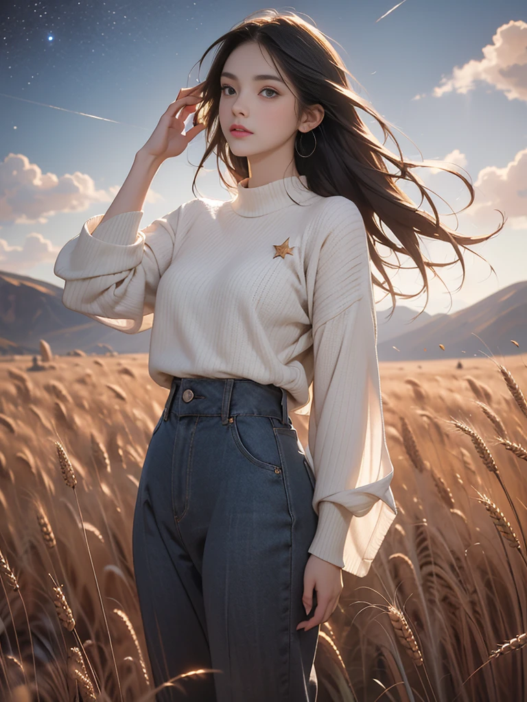 a beautiful woman，23 years old，A man standing in a vast wheat field，Tachibana crimson long-haired，Hair is messy and floating，Green eyes，Full body female love，（大Red loose sweater），Loose slacks，Sweater flutters，Edge light，（Fainting with long hair：1.5），best quality，tmasterpiece，Ultra-high resolution），（realisticlying：1.4），Slim，（shiny skin），（The woman's face looks up at the sky），Top fashion，（（Red loose sweater）），Autumn weather，Light Solution，（beautifulface：1.1），delicate eyes，lusciouslips，Depth of Field、Bokeh，author（James S. c. Christensen：1.2|Jeremy Lipkin：1.1），octane，sky sky，Star（sky sky），Starry Sky，night，Night Sky，solo，Exterior，​​clouds，galactic