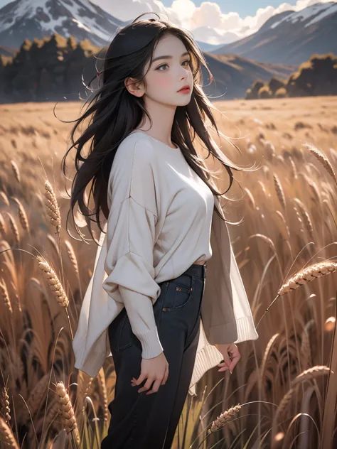 a beautiful woman，23 years old，A man standing in a vast wheat field，Tachibana crimson long-haired，Hair is messy and floating，Gre...