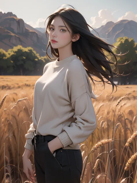 a beautiful woman，23 years old，a man standing in a vast wheat field，tachibana crimson long-haired，hair is messy and floating，gre...