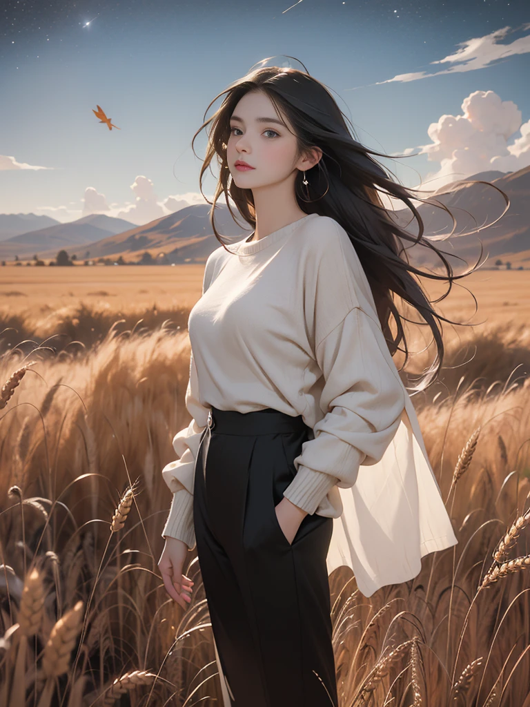 a beautiful woman，23 years old，A man standing in a vast wheat field，Tachibana crimson long-haired，Hair is messy and floating，Green eyes，Full body female love，（大Red loose sweater），Loose slacks，Sweater flutters，Edge light，（Fainting with long hair：1.5），best quality，tmasterpiece，Ultra-high resolution），（realisticlying：1.4），Slim，（shiny skin），（The woman's face looks up at the sky），Top fashion，（（Red loose sweater）），Autumn weather，Light Solution，（beautifulface：1.1），delicate eyes，lusciouslips，Depth of Field、Bokeh，author（James S. c. Christensen：1.2|Jeremy Lipkin：1.1），octane，sky sky，Star（sky sky），Starry Sky，night，Night Sky，solo，Exterior，​​clouds，galactic