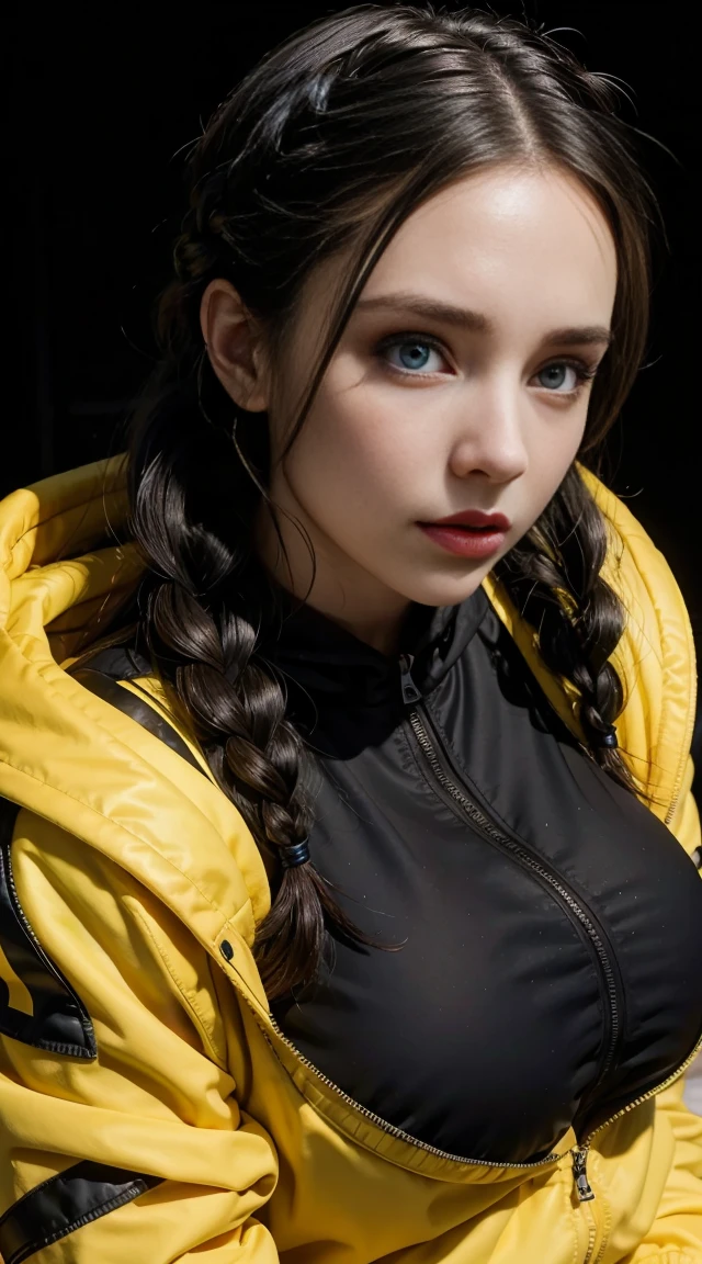 beautiful woman with large breasts wearing a black dress, braided hair, sneakers, yellow hooded jacket, detailed face, beautiful eyes, lips, long eyelashes, photorealistic, 8k, high quality, cinematic lighting, dramatic contrast, chiaroscuro, warm color palette, fashion portrait