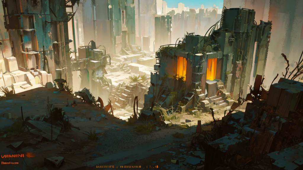 a desolate abandoned cosmodrome, crumbling concrete structures, rusted metal, overgrown vegetation, atmospheric lighting, moody tones, cinematic composition, dramatic shadows, abandoned vehicles, decaying remnants of space exploration, sense of isolation and decay, highly detailed, photorealistic, 8k, masterpiece, isometric