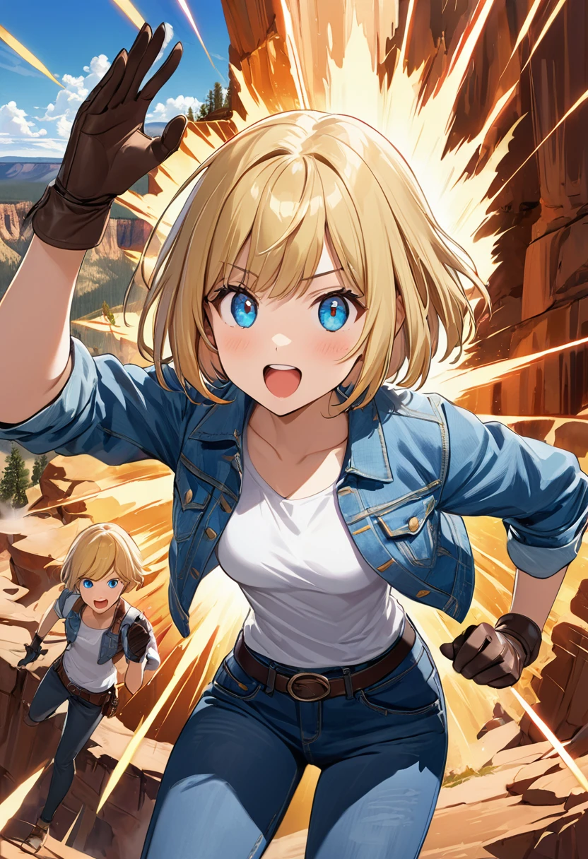 (((1 girl,  cute, denim jacket, white top, jeans, Gloves, blond, short hair, bob hair,  side parted hair, blue eyes))), (((blond hair))), 
dynamic poses, manga style, depicting a group of characters in various action scenes, from intense battles to lighthearted moments, with dramatic speed lines and bold sound effects, capturing the excitement and energy of the story, Laser rays from the palm of hand, Attack forward with palm, yellowstone park, Grand Canyon,